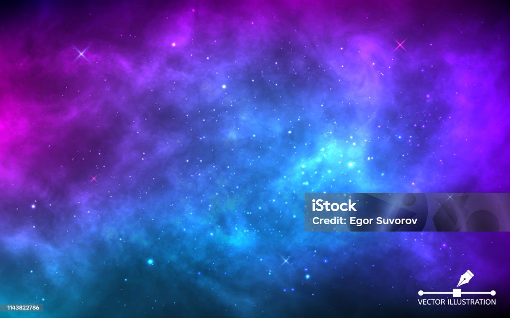 Sfondo spaziale con polvere di stelle e stelle splendenti. Cosmo colorato realistico con nebulosa e via lattea. Sfondo galassia blu. Bellissimo spazio esterno. Universo infinito. Illustrazione vettoriale - arte vettoriale royalty-free di Spazio cosmico