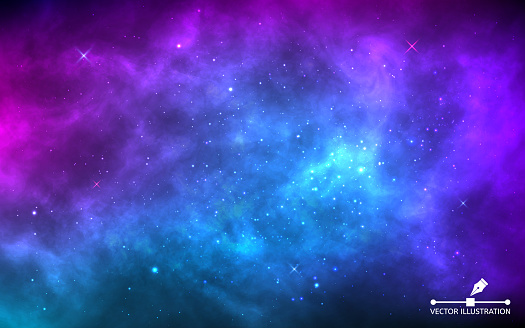 Space background with stardust and shining stars. Realistic colorful cosmos with nebula and milky way. Blue galaxy backdrop. Beautiful outer space. Infinite universe. Vector illustration.