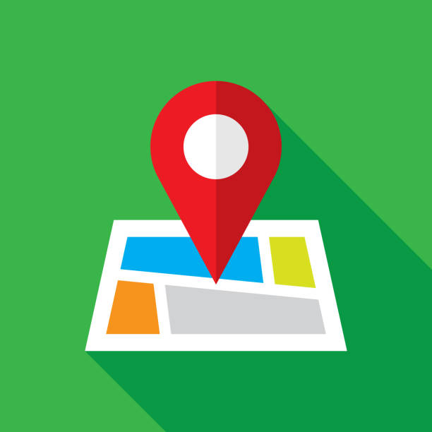 Map Location Icon Flat Vector illustration of a map with red location marker icon against a green background in flat style. distance marker stock illustrations
