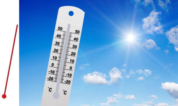istock white street thermometer with a red mercury. against the sky with clouds 1143824095