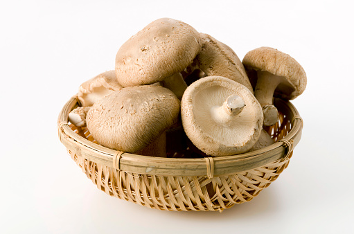 Shiitake mushroom in bamboo colander on White background