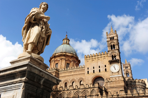 Statue and part of Palermo Cathedral,Sicily,Italy.