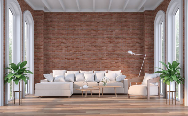 Modern contemporary living room with empty red brick wall 3d render