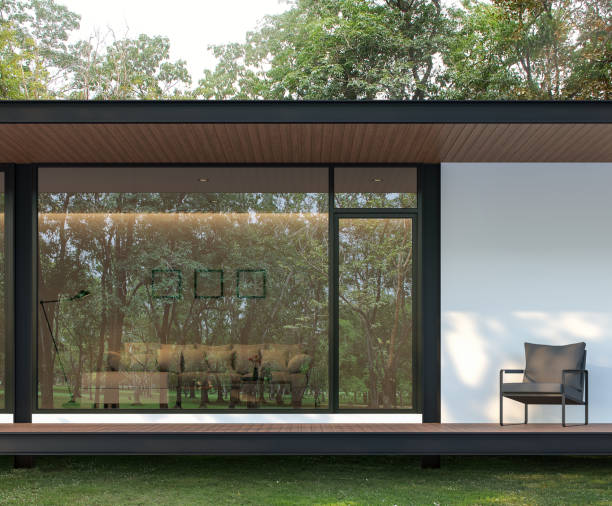 extérieur de la maison moderne terrasse dans le jardin rendu 3d - window reflection photos et images de collection