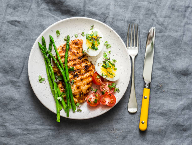 istock Grilled chicken steak, asparagus, boiled egg, cherry tomatoes - healthy diet lunch on a gray background,  top view 1143859405