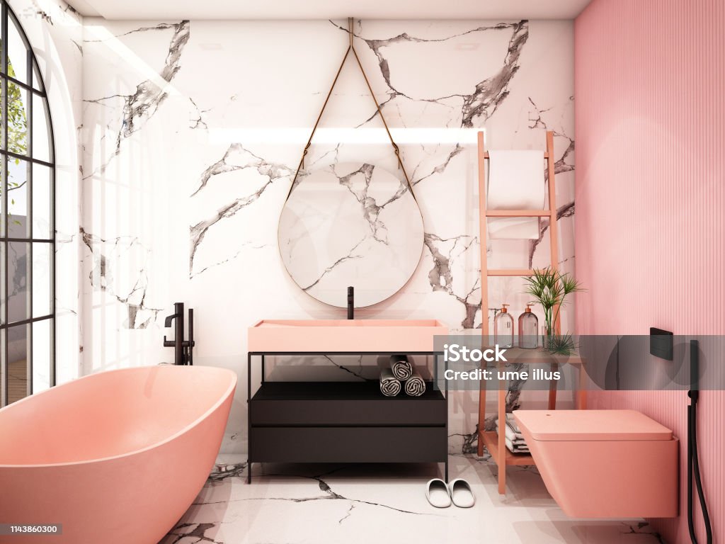 Modern Bathroom Interior design ,3d rendering ,3d illustration Bathroom Stock Photo