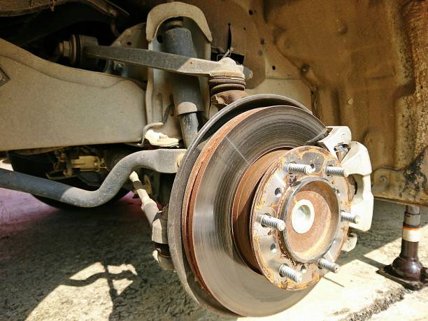 istock Disc break of car with jack in process for new tire replacement 1143860397