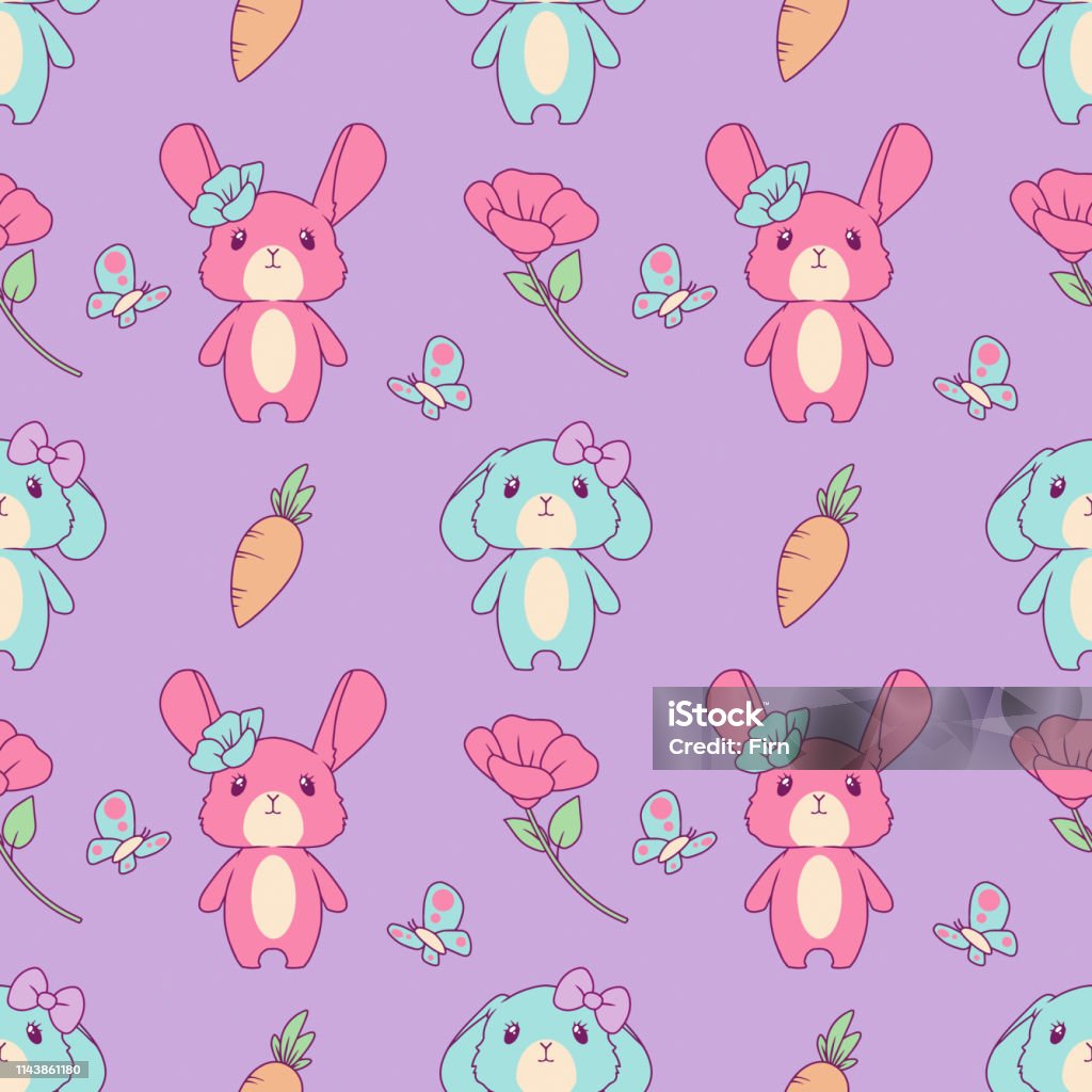 Cute seamless pattern with pink and blue cartoon easter bunny, spring flowers and carrots on violet background Seamless pattern suitable for textile or paper print designs for children Animal stock illustration