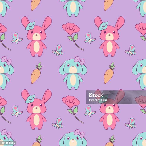 Cute Seamless Pattern With Pink And Blue Cartoon Easter Bunny Spring Flowers And Carrots On Violet Background Stock Illustration - Download Image Now