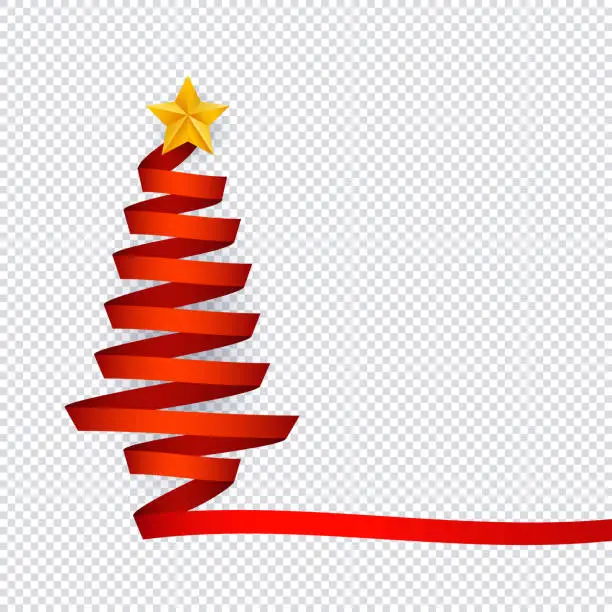 Vector illustration of Vector illustration of Christmas tree made from red ribbon with star on top on transparent background.