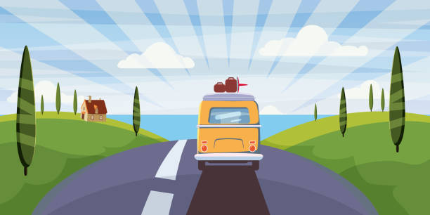 туристический фургон автофургоне, автобус по дороге отправляется к морю на летние каникулы. отпуск курортного сезона на море. туристически - twilight time stock illustrations