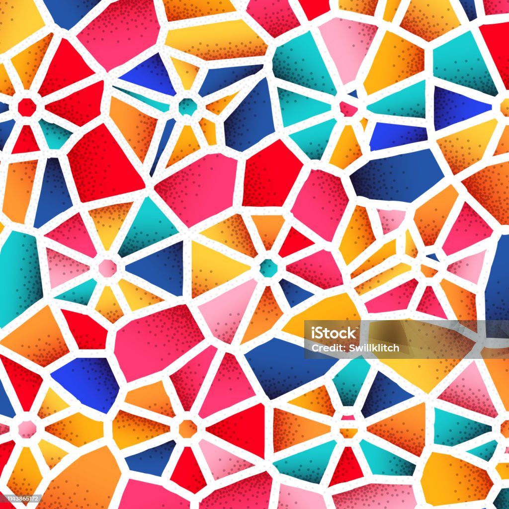 Abstract background with vibrant colors and retro styled vintage dotwork gradients on voronoi grid tiles Abstract background with vibrant colors and retro styled vintage dotwork gradients on voronoi grid Abstract stock vector