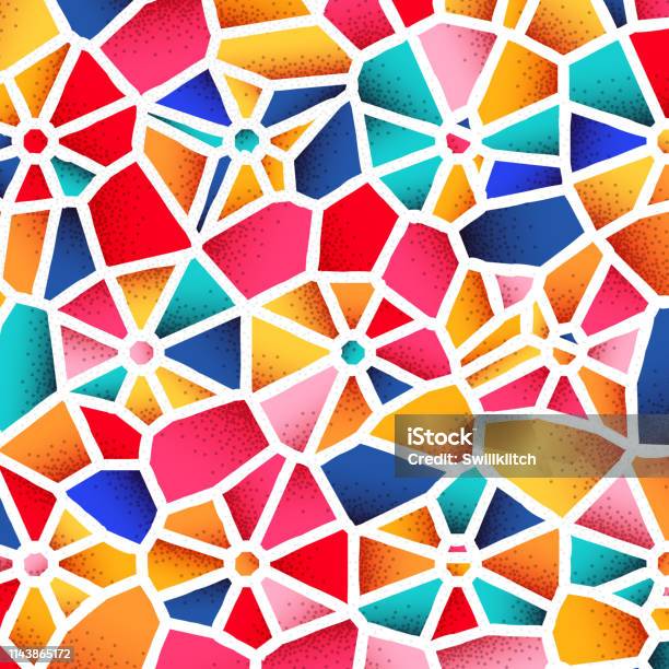 Abstract Background With Vibrant Colors And Retro Styled Vintage Dotwork Gradients On Voronoi Grid Tiles Stock Illustration - Download Image Now
