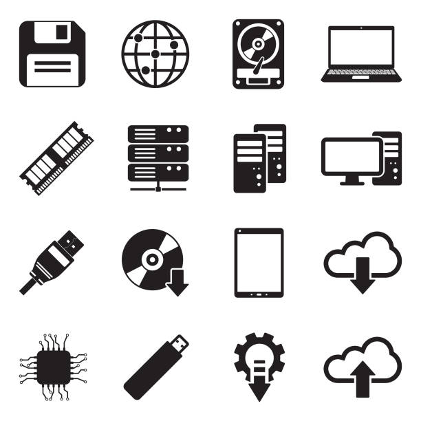 illustrations, cliparts, dessins animés et icônes de icônes de l’informatique et du réseau. design plat noir. illustration de vecteur. - usb flash drive sharing usb cable data