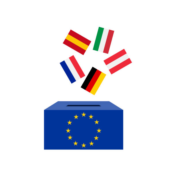 ilustraciones, imágenes clip art, dibujos animados e iconos de stock de caja de votación con bandera de la unión europea y alemania francia italia españa austria tarjetas - italy voting politics political party
