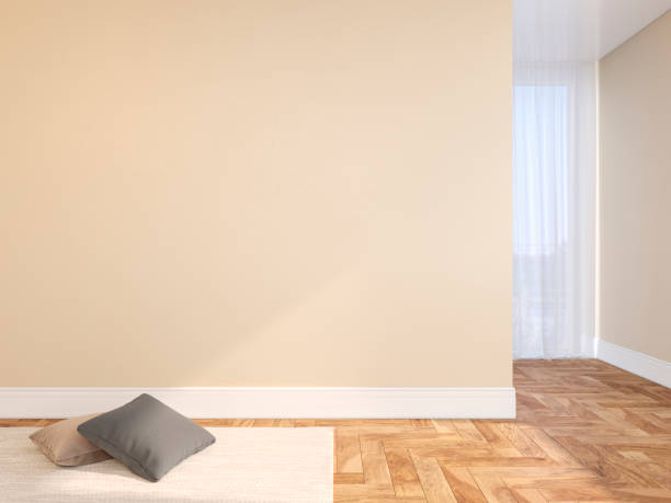 istock Beige blank wall empty interior with pillows, carpet, curtain and herringbone wood floor. 3d render illustration mock up 1143871880