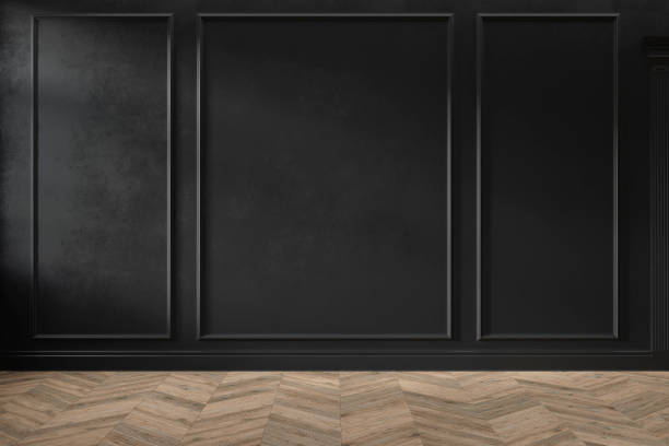 istock Modern classic black empty interior with wall panels and wooden floor. 3d render illustration mock up. 1143871908