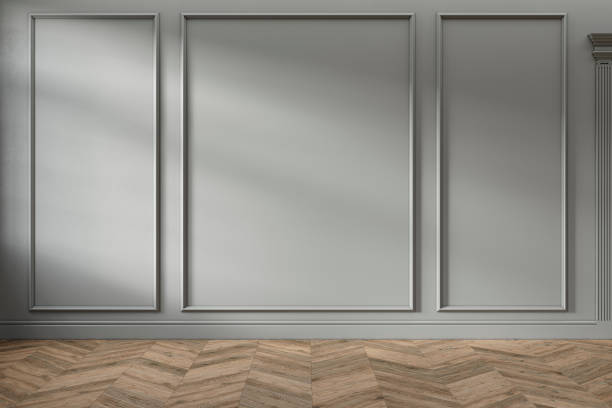 istock Modern classic gray empty interior with wall panels and wooden floor. 3d render illustration mock up. 1143871996