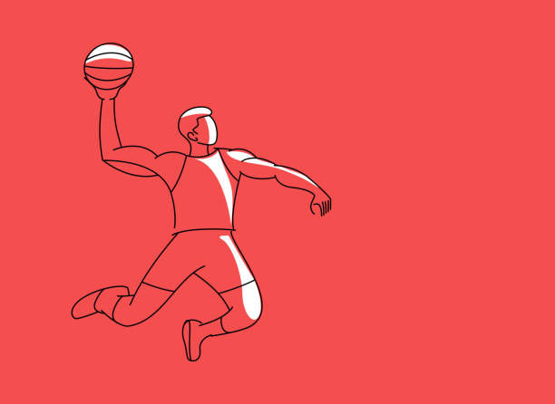 illustrazioni stock, clip art, cartoni animati e icone di tendenza di giocatore di basket che salta schiacciato nel disegno di linea. - 1750