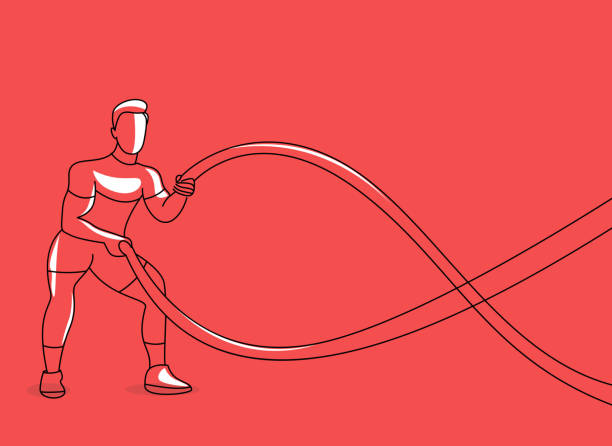 Fuerte culturista hombre deportista con cuerda de batalla haciendo ejercicio en el gimnasio de entrenamiento funcional - ilustración de arte vectorial