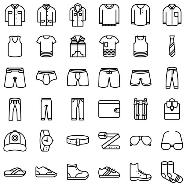 Men Clothing vector icon set, line style Men Clothing vector icon set, line design clothing stock illustrations
