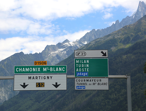 road signal in frech language to go at Chamonix and more italian cities near White Mount in France