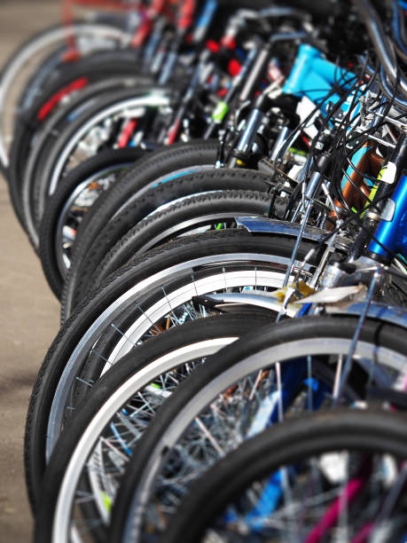 istock Vertical row of bicycles sport activity background 1143887487