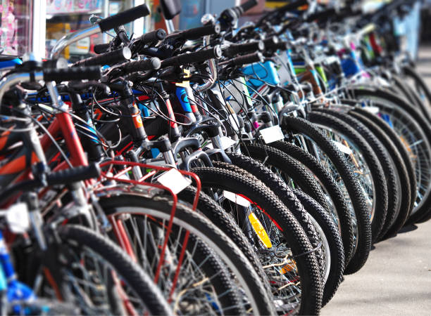 istock Diagonal row of bicycles sport activity background 1143887525