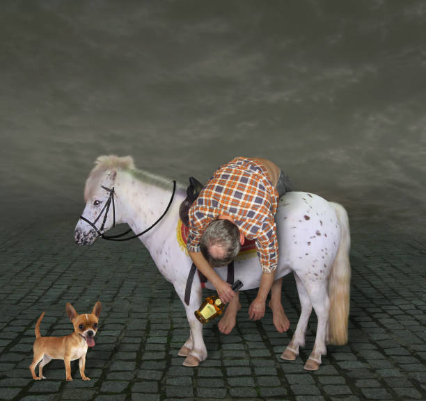 istock Drunk man on a pony and his dog 1143888253
