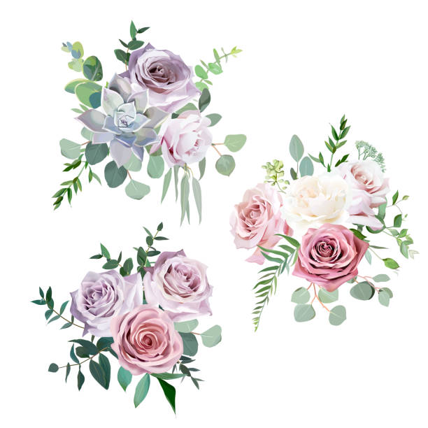 ilustrações, clipart, desenhos animados e ícones de rosa empoeirado, branco cremoso e antigo malva rosa design vector buquês de casamento - lilac bush nature flower bed