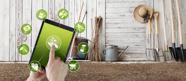 istock gardening equipment e-commerce concept, online shopping on digital tablet, hand pointing and touch screen with garden tools icons, tool shed in the background 1143888509