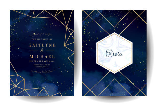 Magic night dark blue cards with sparkling glitter and line art. Magic night dark blue cards with sparkling glitter and line art. Diamond shaped vector wedding invitation. Gold confetti and marble navy background. Golden scattered dust. Fairytale magic templates. wedding designs stock illustrations