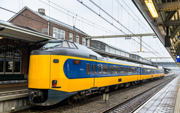 Train waiting for red light at the Hague central station in the Netherlands