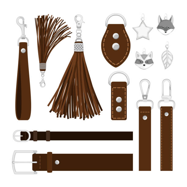 Leather tassels isolated on white Leather tassels. Vector leather belts, metal buckles and carbines, steel pendants isolated on white background leather clasp stock illustrations