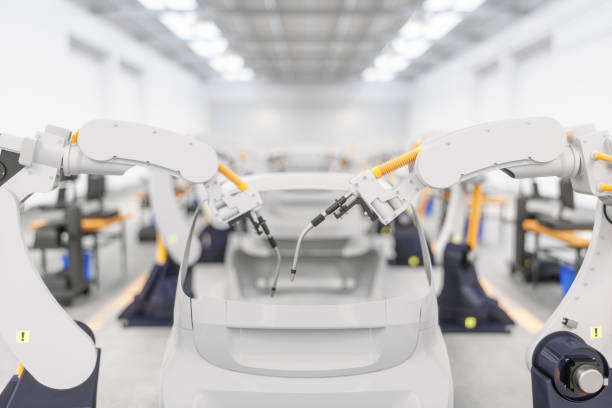 car production line with robotic arm - automobile industry metal industry in a row gear imagens e fotografias de stock