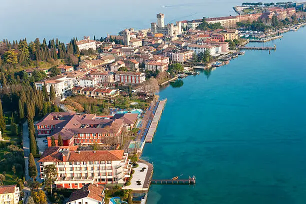 Aerial view of the Scaliger Castle  in Sirmione by lake Garda, Italy
