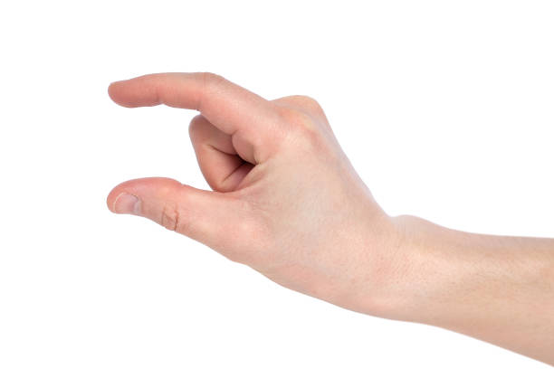 istock Male caucasian hand gesturing a small amount, or smal size, isolated on white background. 1143895399