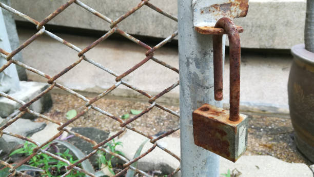 istock rusty iron cage door and hanging key 1143899241