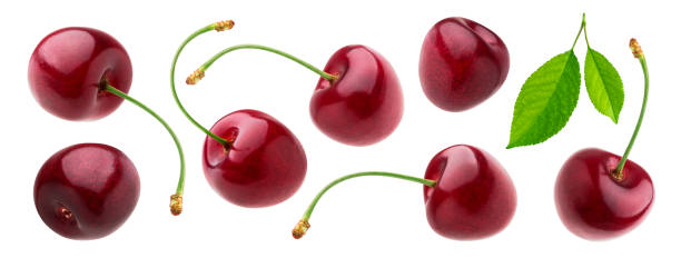 istock Cherry isolated on white background with clipping path, fresh cherries with stems and leaves 1143910707
