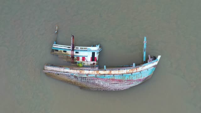 Aerial Drone Shot of Shipwreck in sea