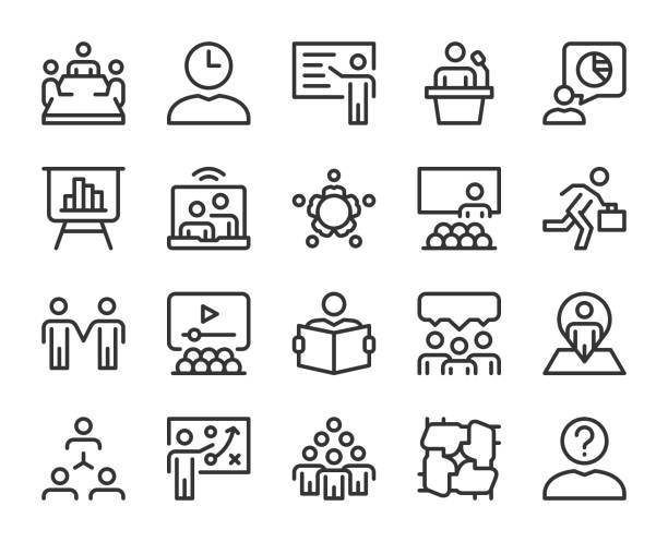 ilustrações de stock, clip art, desenhos animados e ícones de business meeting - line icons - presentation convention center conference call meeting