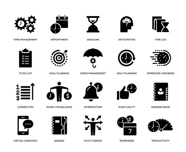 ilustraciones, imágenes clip art, dibujos animados e iconos de stock de conjunto de iconos de gestión de tiempos - routine