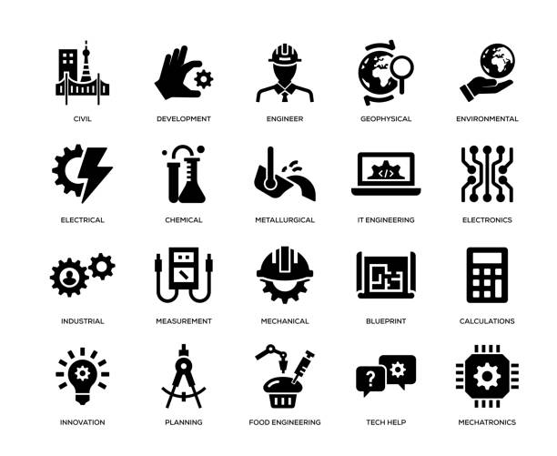 ilustraciones, imágenes clip art, dibujos animados e iconos de stock de conjunto de iconos de ingeniería - measuring ideas power industry