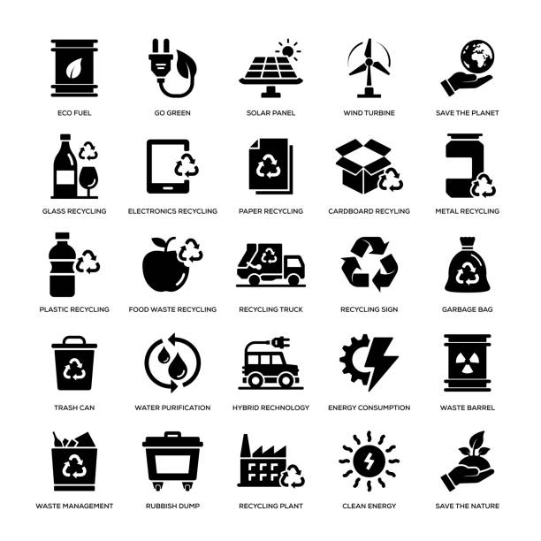 illustrazioni stock, clip art, cartoni animati e icone di tendenza di set di icone di riciclamento - spreco alimentare