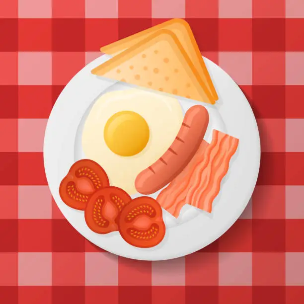 Vector illustration of Plate with fried egg, bacon, grilled sausage, tomato and toast