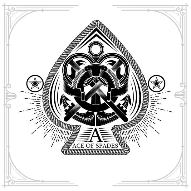 Vector illustration of Ace of spades form with shield with anchor and crossed keys inside. Marine design playing card element white on black