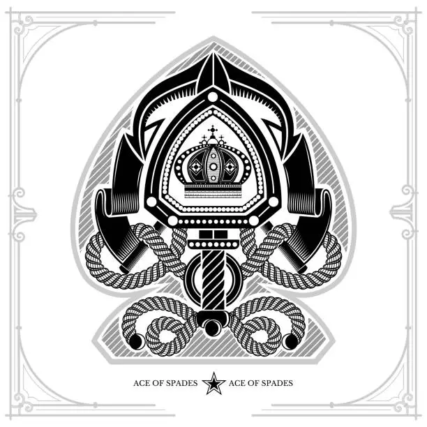 Vector illustration of Ace of spades form with shield with sword between cord and ribbon pattern inside. Marine design playing card element black on white