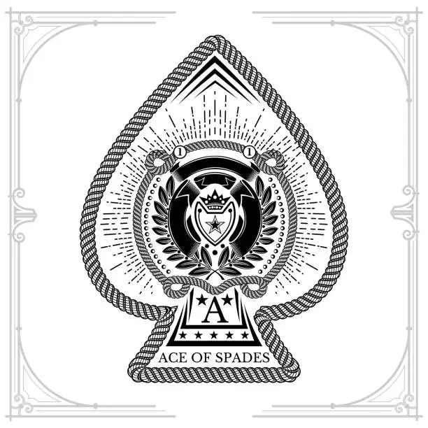 Vector illustration of Ace of spades form with shield with crown between laurel wreath, cord and ribbon pattern inside. Marine design playing card element black on white