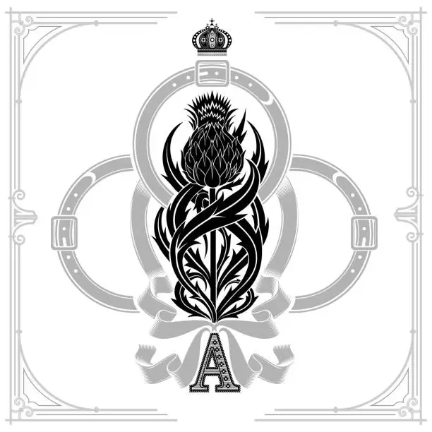 Vector illustration of Ace of clubs form and thistle floral pattern inside belt and ribbon form. Design element black on white