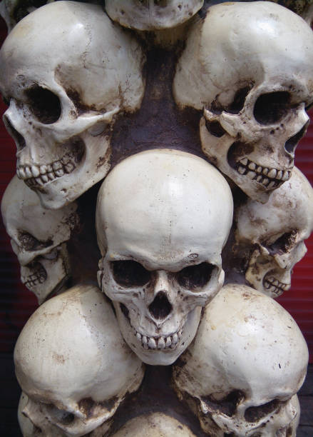 istock Human skulls close-up. Halloween Dia De Los Muertos Celebration. Background. 1143917952